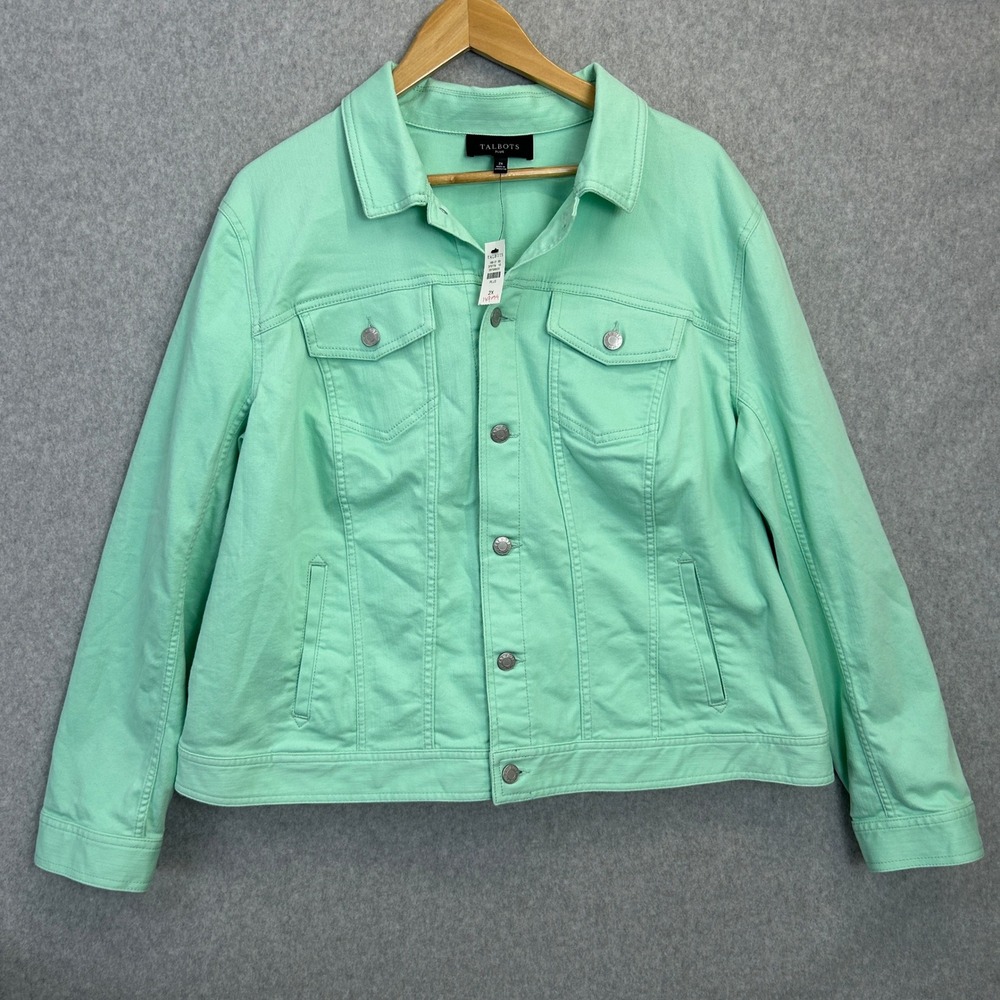 Talbots Denim Trucker Jacket Mint Green Stretch Button Front Preppy Size 2X NWT
